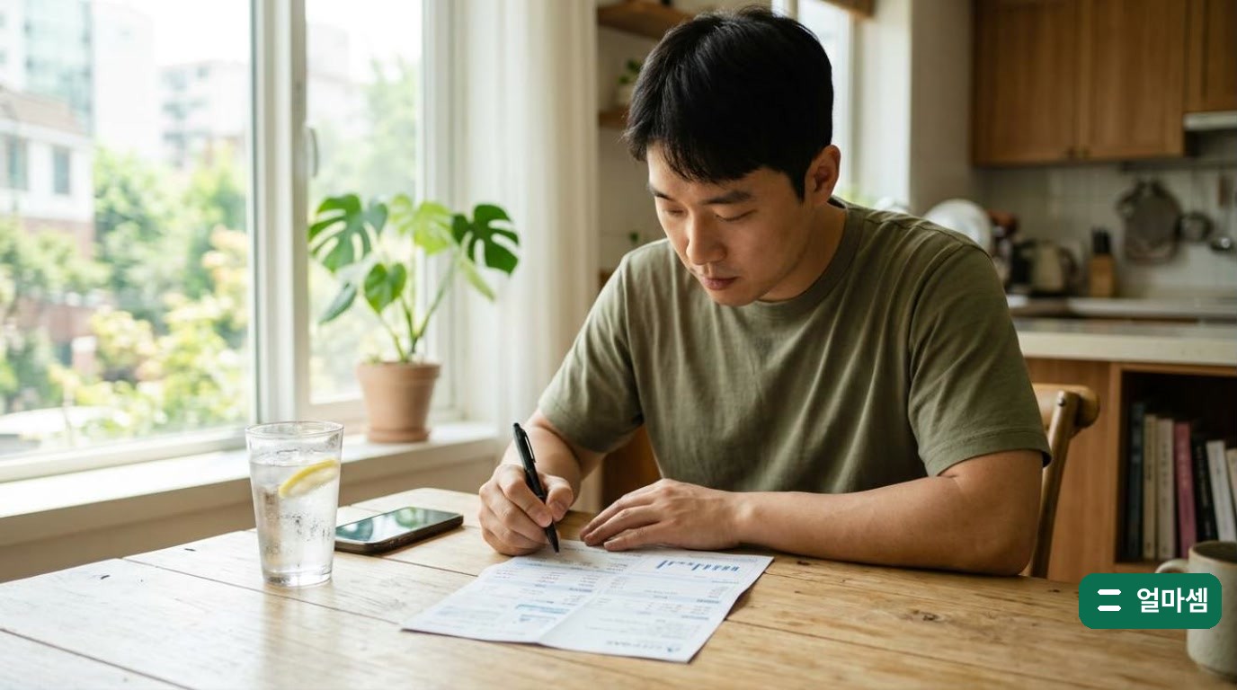 난방을 안 하는 달의 도시가스 고지서에서 사용량 칸을 보는 장면