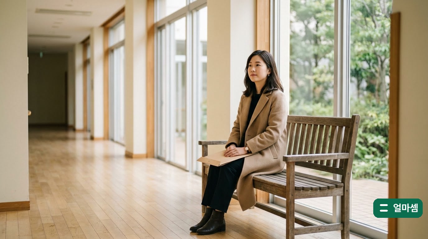 법원 복도 벤치에서 서류 봉투를 들고 조정 차례를 기다리는 사람