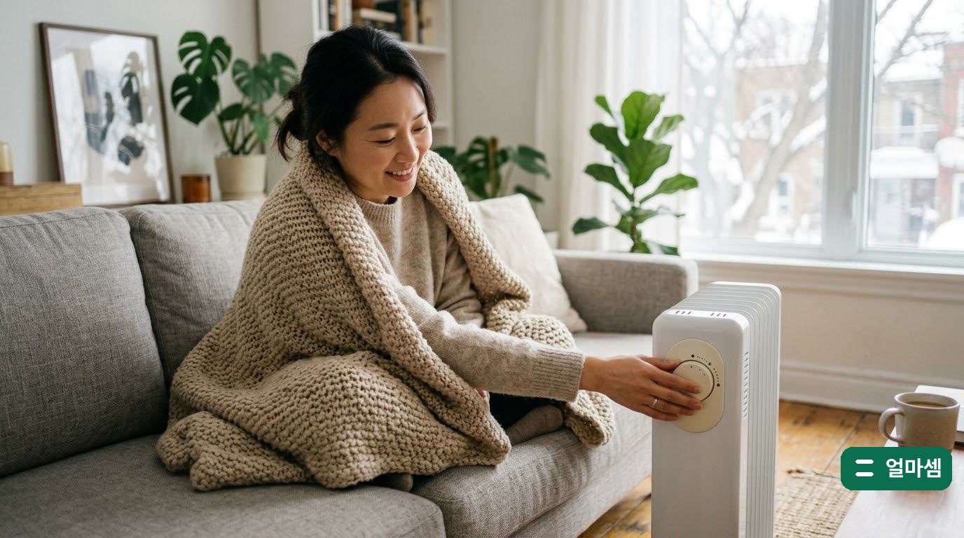 온도조절 다이얼이 있는 전기히터 옆에서 담요를 덮고 앉은 사람