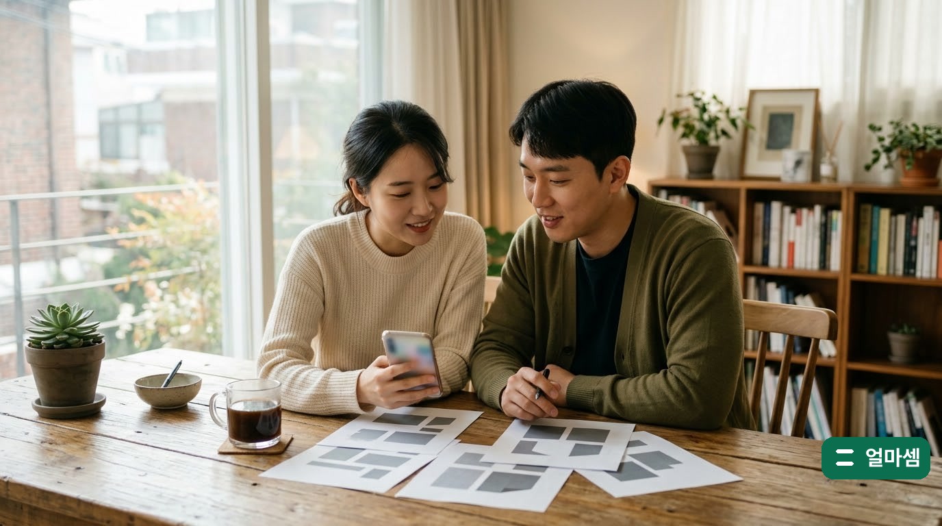 생애최초 주담대 금리를 확인하려고 부부가 집에서 대출 서류를 나란히 펼쳐 보는 장면