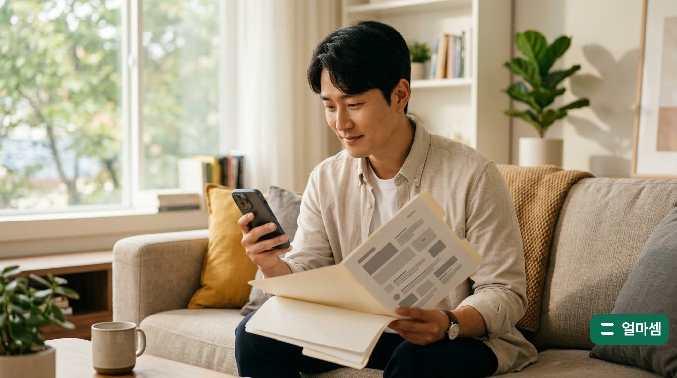 전월세 전환율 계산기 결과를 휴대폰으로 보며 전세 계약서를 확인하는 한국인 30대 세입자