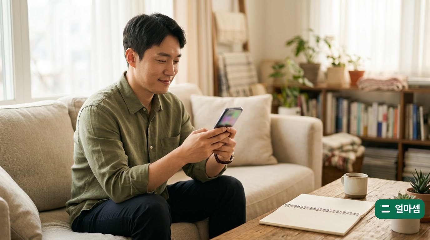 삼전 배당금 지급일을 확인하며 휴대폰을 보는 장면