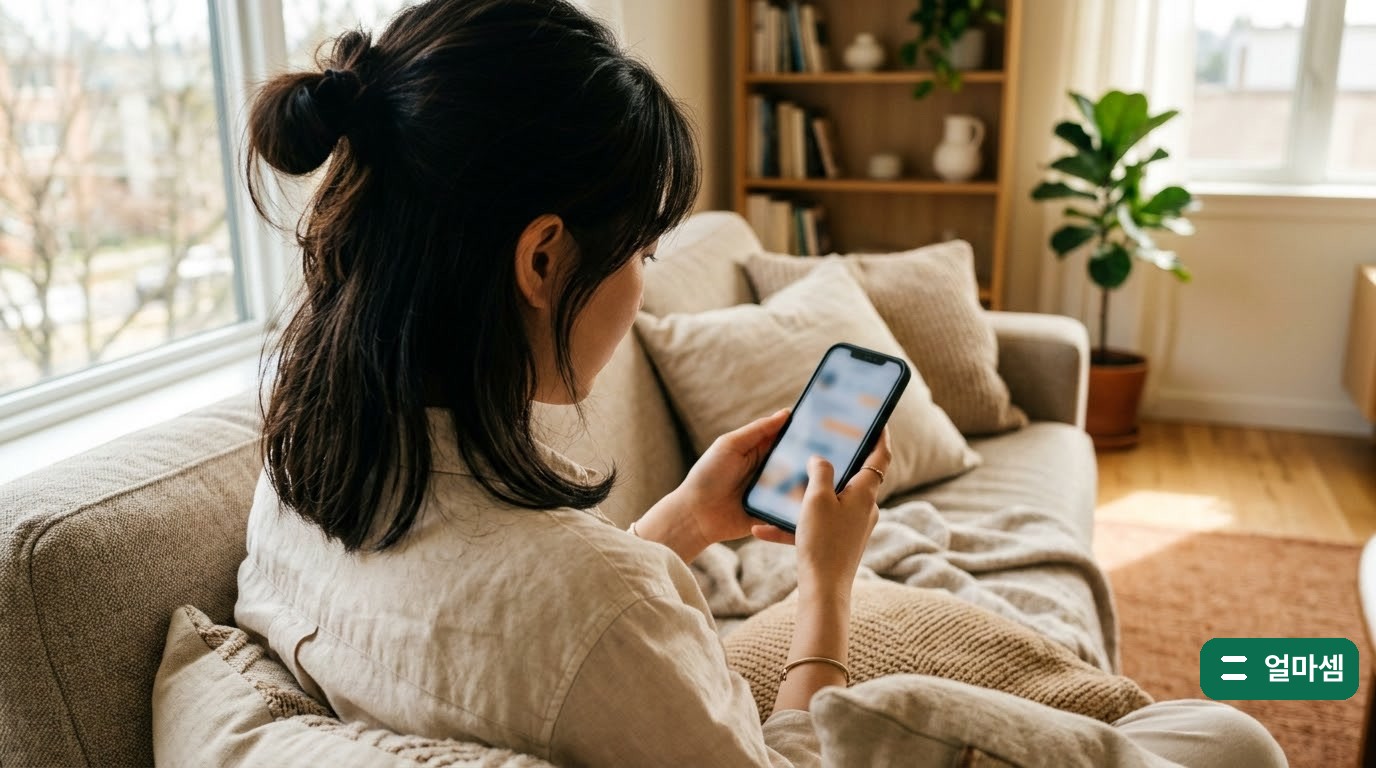 청약통장 금액을 휴대폰으로 확인하는 20대 여성