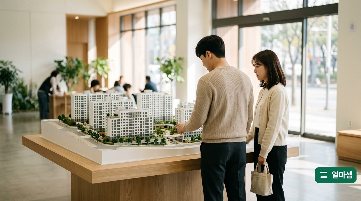 아파트 견본주택의 단지 모형을 둘러보는 30대 부부