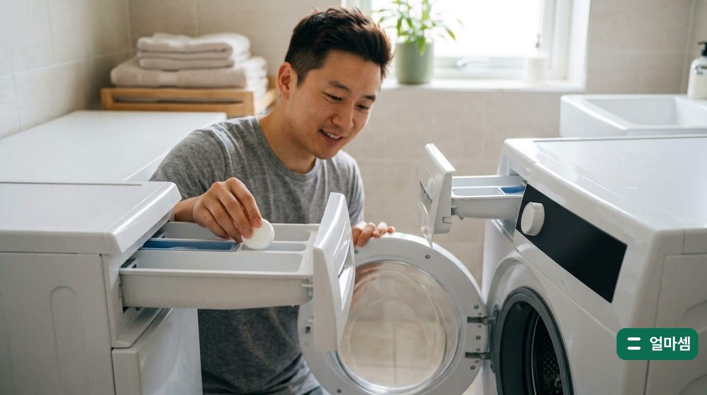 세탁조 클리너를 세제함에 넣는 손