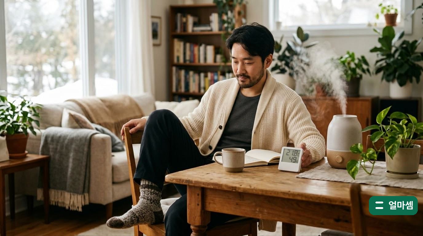 겨울 실내에서 내복 위에 니트를 입고 온습도계를 확인하는 사람